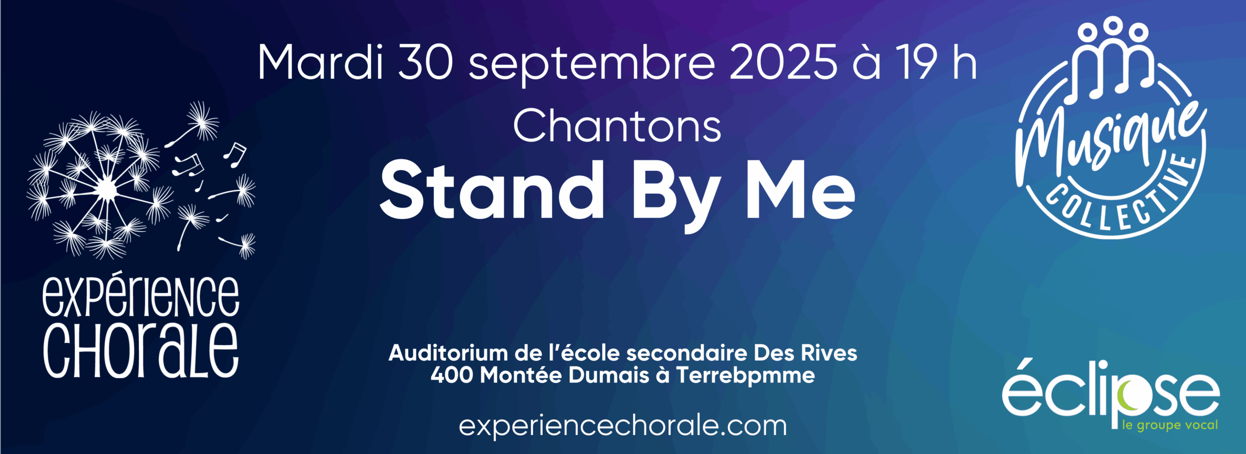 Expérience chorale 2024 - bandeau-2 Bandeau explicatif de l'Expérience chorale du 22 octobre 2024. Nous chanterons ensemble Hallelujah de Leonard Cohen