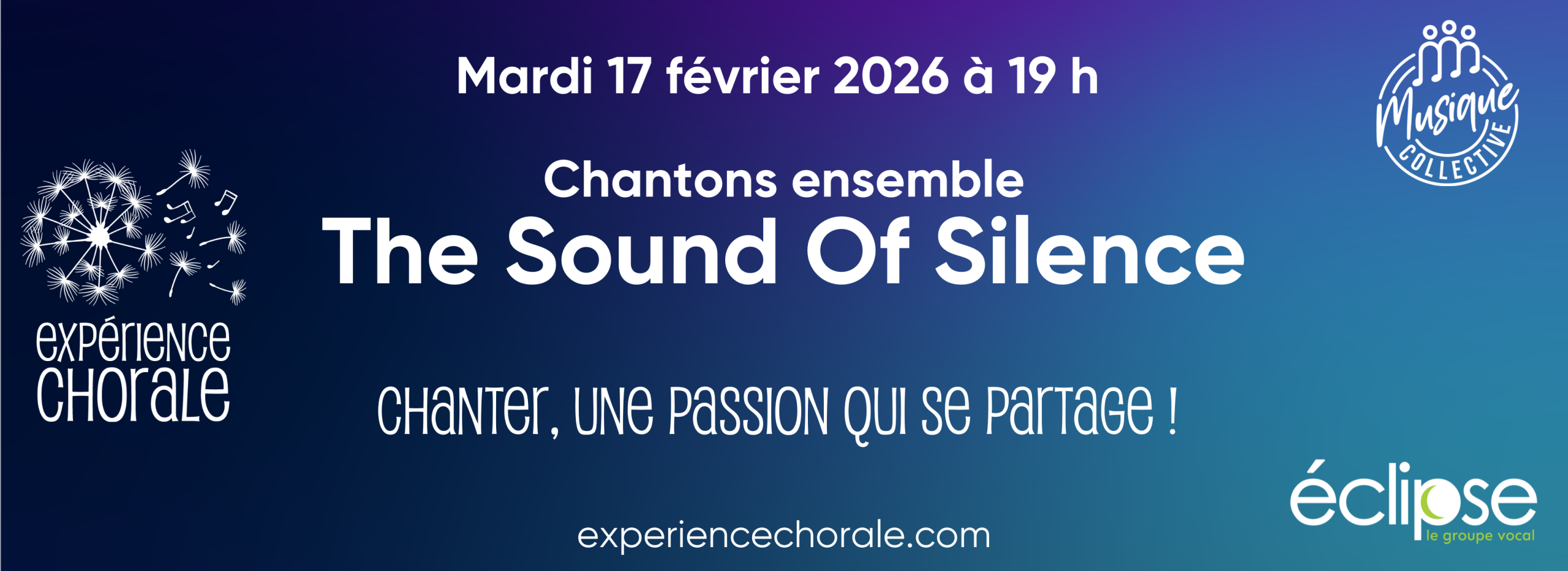 Bandeau explicatif de l'Expérience chorale du 22 octobre 2024. Nous chanterons ensemble Hallelujah de Leonard Cohen