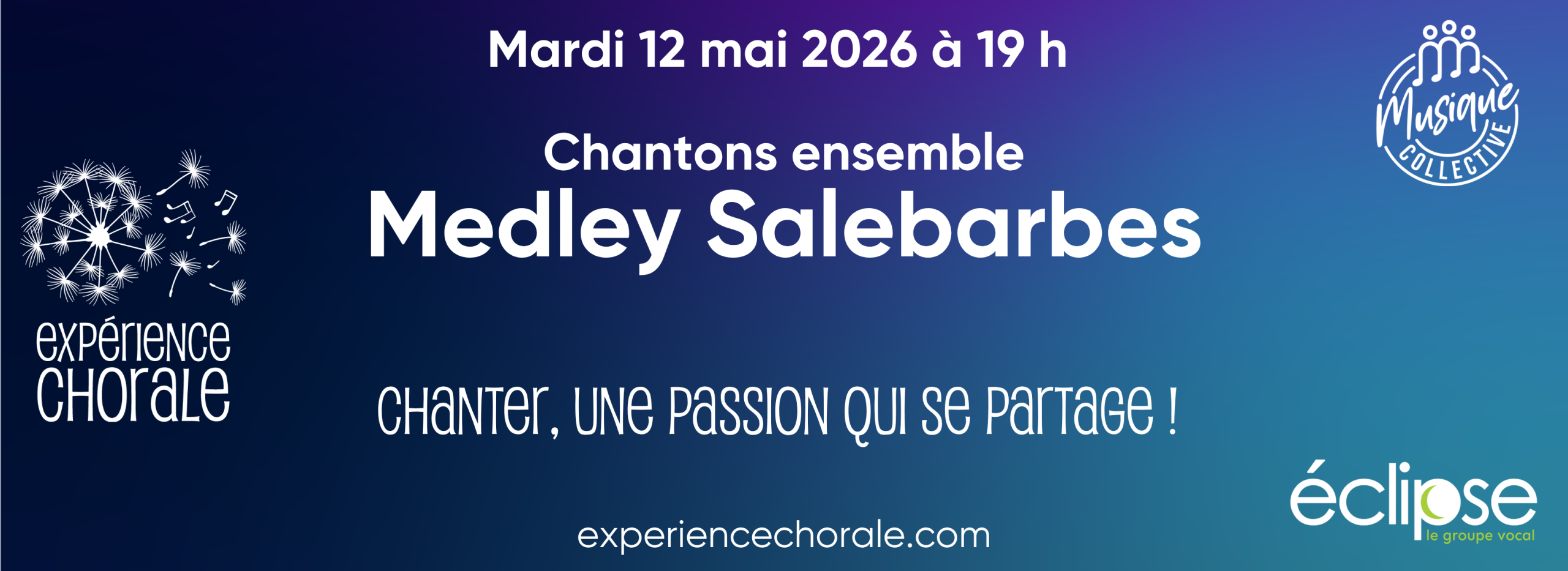 Bandeau explicatif de l'Expérience chorale du 22 octobre 2024. Nous chanterons ensemble Hallelujah de Leonard Cohen
